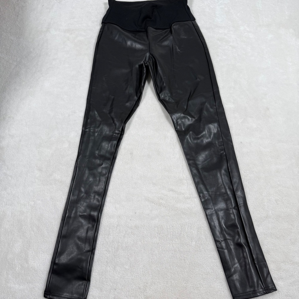 Assets by Spanx Faux Leather Leggings Black High Waist Shaping Small 20258R
